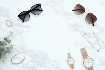 Fashion Accessories Flat Lay with Blank Center Space, Marble Background