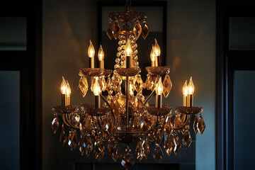 Glamorous chandelier illuminated in a stylish interior with warm ambiance and mocha mousse tones