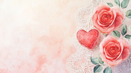 Kawaii cute adorable little watercolor style A decorative Valentine Day  love, pink, card, floral, frame, heart, vector, roses, 