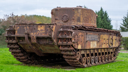Rusted old tank is sitting in a grassy field. The tank is old and has a lot of rust on it. The tank is surrounded by trees and bushes, giving it a somewhat isolated and abandoned appearance