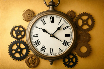 Antique Clock Face with Gears and Muted Gold Background, Copy Space