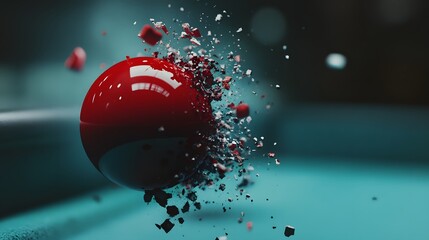 A red billiard ball explodes into fragments on a green felt table.