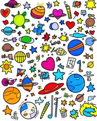 Colorful hand-drawn space doodles, planets, stars, and rockets.