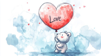Kawaii cute adorable little watercolor style A teddy bear holding a heart-shaped love, valentine, red, 
