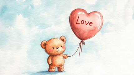 Kawaii cute adorable little watercolor style A teddy bear holding a heart-shaped , love, heart, teddy bear, 