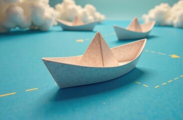 A paper boat and a route to the goal. The symbol of fast movement to the intended goal