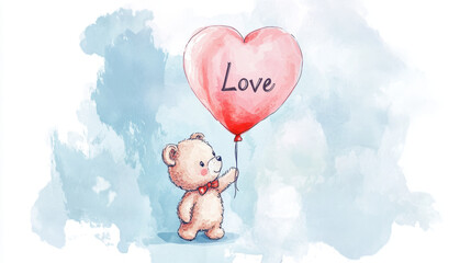 Kawaii cute adorable little watercolor style A teddy bear holding a heart-shaped heart, love, valentine, sky, 