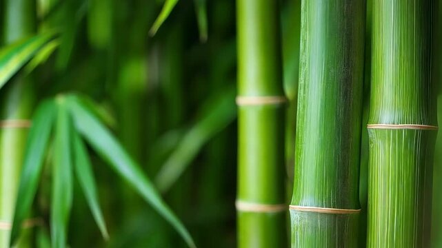 A green bamboo plant with a green stem. The bamboo is tall and has a green color