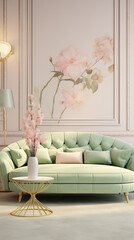 Modern living room with pastel green sofa and home plants.