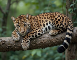 Portrait of an Amur leopard in the jungle with spotted fur showcasing its wild, predatory nature