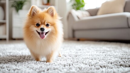 Adorable Pomeranian Puppy Posing on a Fluffy Carpet in a Cozy Living Room