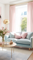 Fototapeta premium Interior of light living room with cozy pastel pink and blue sofas near big window and picture on the wall.