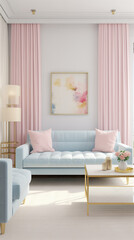 Interior of light living room with cozy pastel pink and blue sofas near big window and picture on the wall.