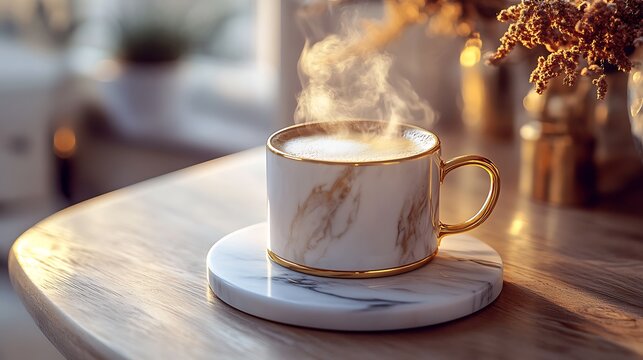 A luxurious marble coaster with gold accents, holding a steaming coffee mug, placed on a polished wooden desk with elegant decor, warm light casting soft shadows, hd quality, modern and sophisticated.