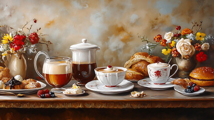 Fototapeta premium Food, coffee drinks, tea, bakery, emphasizing deliciousness 
