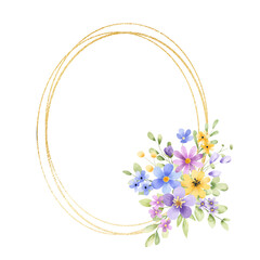 Gold frame border. with flowers. Watercolor hand painting floral wreath with place for text with bouquet. Isolated on white background.