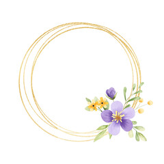 Gold frame border. with flowers. Watercolor hand painting floral wreath with place for text with bouquet. Isolated on white background.