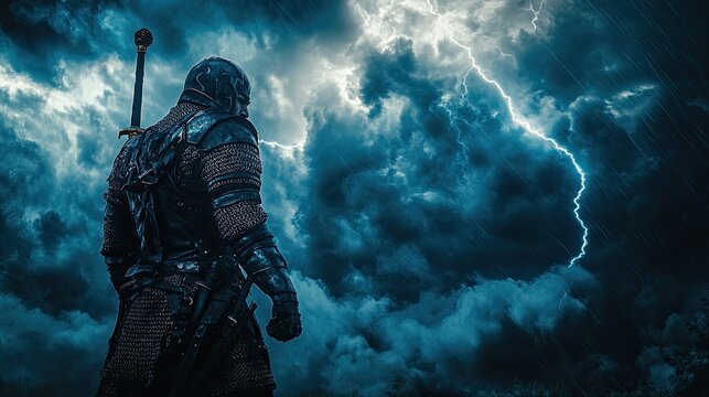 Lone knight facing stormy sky.