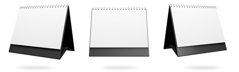 Blank black and white desktop calendar isolated on white background. Blank desktop spiral calendar. Realistic white blank standing desk calendar with a spiral, 3d render	
