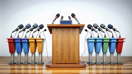 Media coverage enhanced by a professional event space featuring a podium and microphones, creating the ideal backdrop for impactful press conference appearances and public relations.