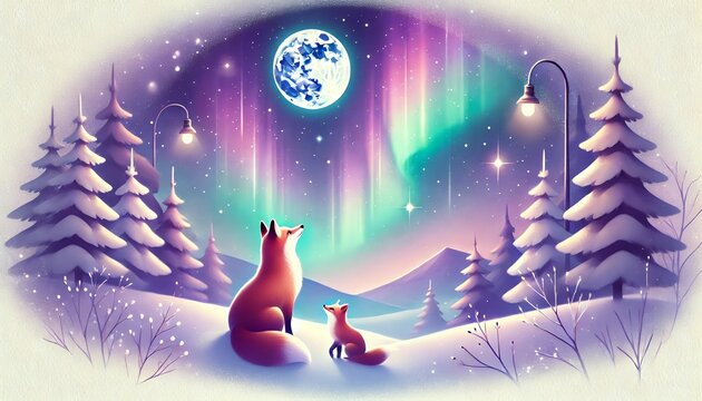 A horizontally formatted serene winter night landscape with two foxes gazing at a colorful aurora