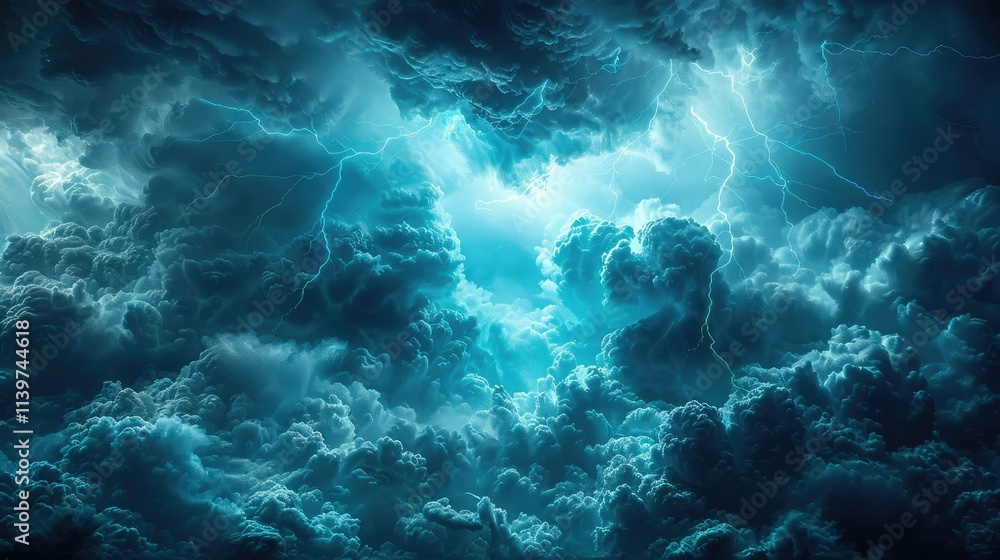 Poster dramatic storm clouds illuminated by lightning, creating a captivating atmospheric scene.