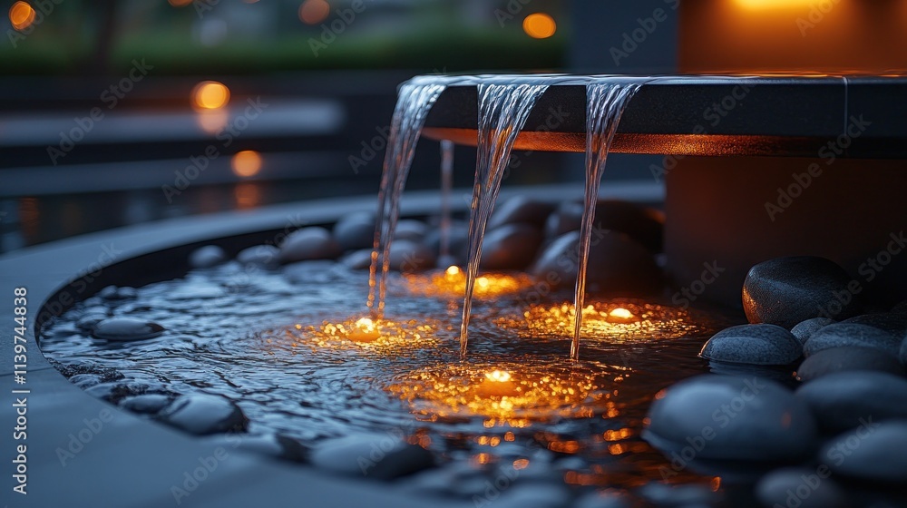 Poster a serene water feature with illuminated stones, creating a calming atmosphere at night.