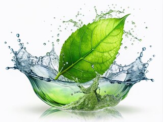 Mesmerizing double exposure art blending a green water splash and leaf on a white background, evoking feelings of freshness, serenity, and eco-friendly aesthetics in nature photography.