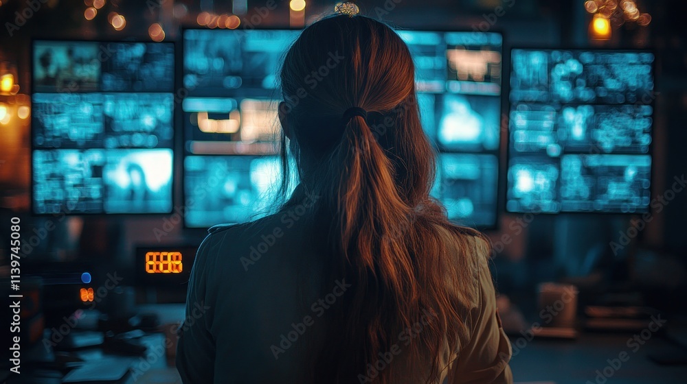 Fototapete a person monitors multiple screens displaying various data and images in a dimly lit room.