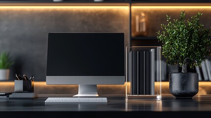 A minimalist acrylic book holder holding monochrome books, placed on a sleek black desk in a contemporary office, ambient lighting with high contrast,