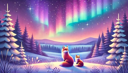 Fototapeta premium A serene winter night landscape painted in soft pastel tones, showcasing two foxes gazing at a vibrant multicolored aurora under a purple-lit starry sky