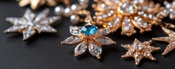 Fototapeta premium A close-up of ornate jewelry featuring star-shaped designs adorned with gemstones and pearls, showcasing intricate craftsmanship and elegance.