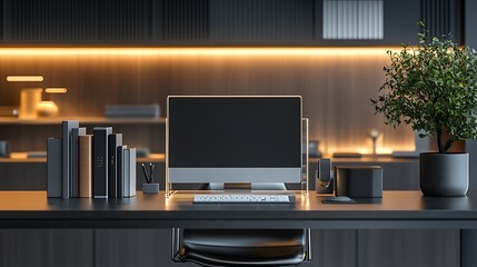 Fototapeta premium A minimalist acrylic book holder holding monochrome books, placed on a sleek black desk in a contemporary office, ambient lighting with high contrast,