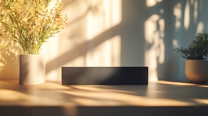 A minimalist black metal nameplate with engraved text, placed on a contemporary desk with neutral-toned decor, natural light enhancing the professional atmosphere, hd quality, sharp and modern.