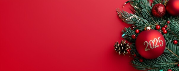 A vibrant red background features festive greenery and ornaments marking the year 2025, perfect for Christmas celebrations.