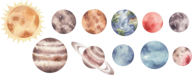 Watercolor vector planets and stars.