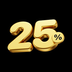 Golden 25 percent isolated on black background. metallic and glossy 3d number. 3d render.