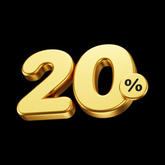 Golden 20 percent isolated on black background. metallic and glossy 3d number. 3d render.