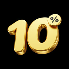 Golden 10 percent isolated on black background. metallic and glossy 3d number. 3d render.