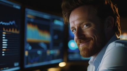 Fototapeta premium Smiling Data Analyst Working Late in Front of Multiple Screens