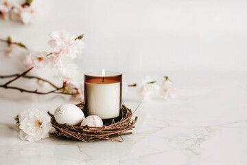 Elegant Easter flat lay composition. Still life of luxury Easter eggs. Modern holiday banner and Greeting card.