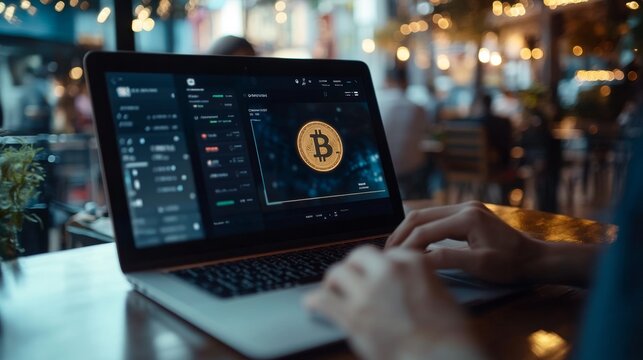 Individual Using Laptop in Café for Cryptocurrency Transactions