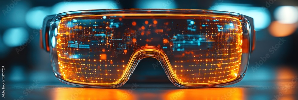 Poster futuristic orange glasses with digital display elements for augmented reality experiences.