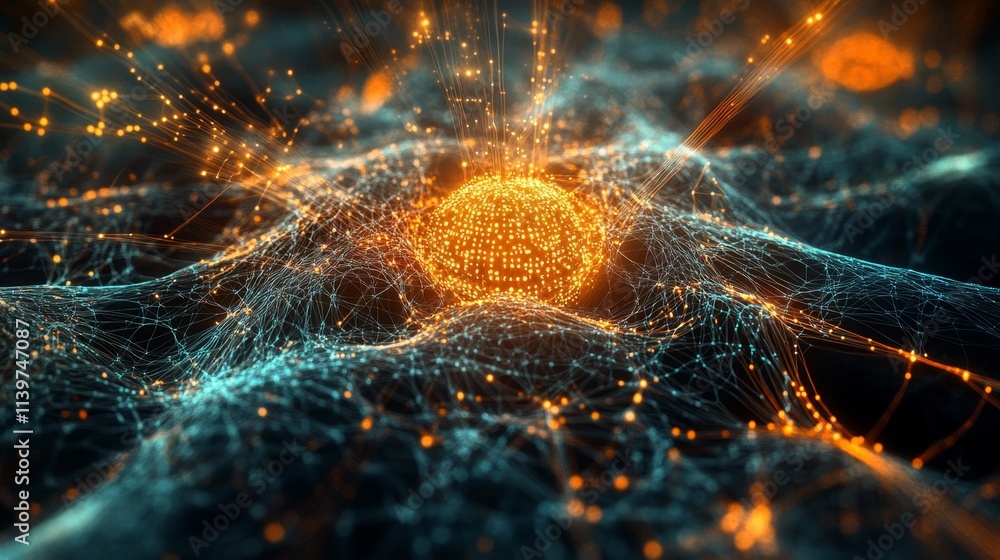 Poster abstract digital ecosystem with glowing elements in dark background