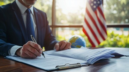 Government official meticulously reviewing healthcare policy documents on a wooden desk, symbolizing the critical role of public health initiatives in national governance.