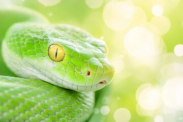 Obraz premium Vivid Green Snake Close Up Serene Beauty in Nature with Bokeh Background
