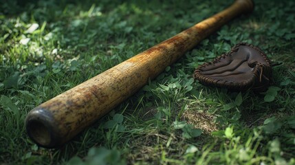 Vintage Baseball Bat and Glove on Grass