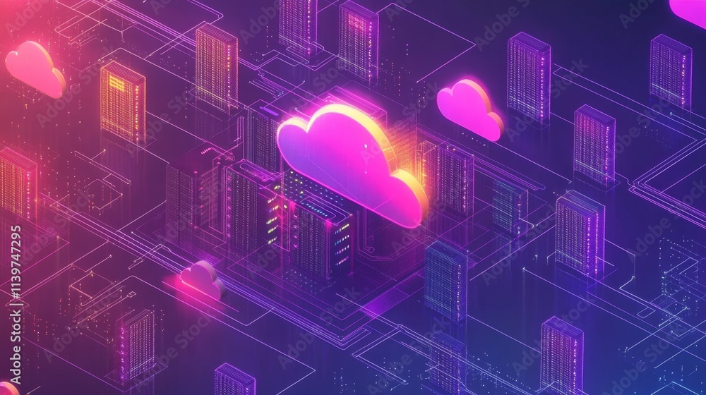 Poster glowing data center with vibrant servers and cloud elements
