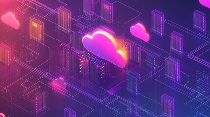 Glowing Data Center with Vibrant Servers and Cloud Elements