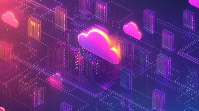 Glowing Data Center with Vibrant Servers and Cloud Elements